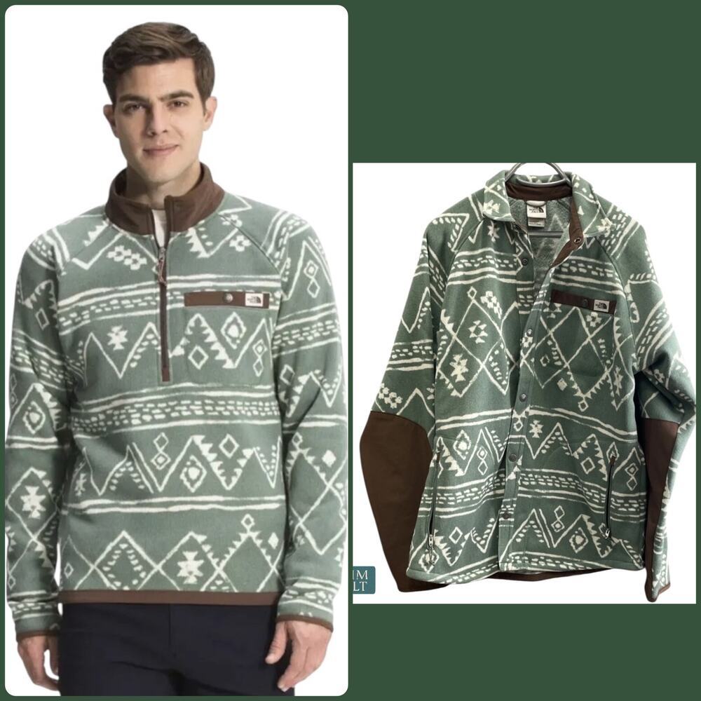 The North Face Gordon Lyons 1/4-Zip Printed Aztec Fleece‎ Jacket Green Large!!